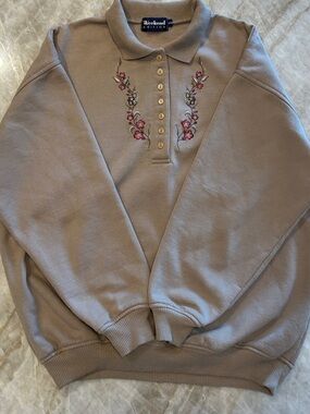 Vintage Taupe Floral Embroidered Polo Sweatshirt M Granny Aesthetic EUC